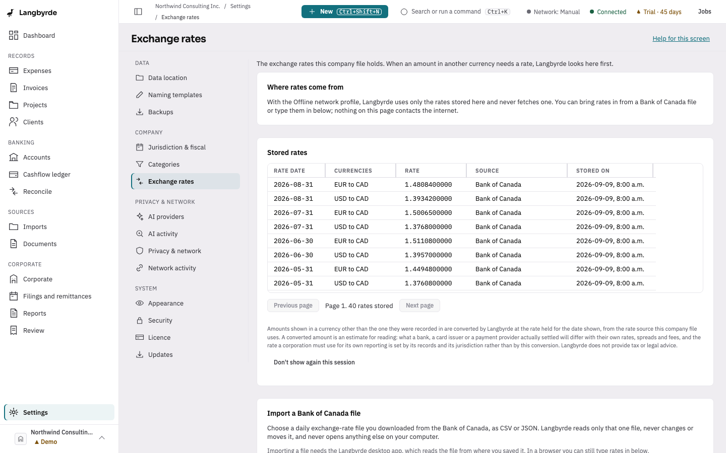 Exchange rates: where rates come from, the stored rates, and the two ways to add rates without going online