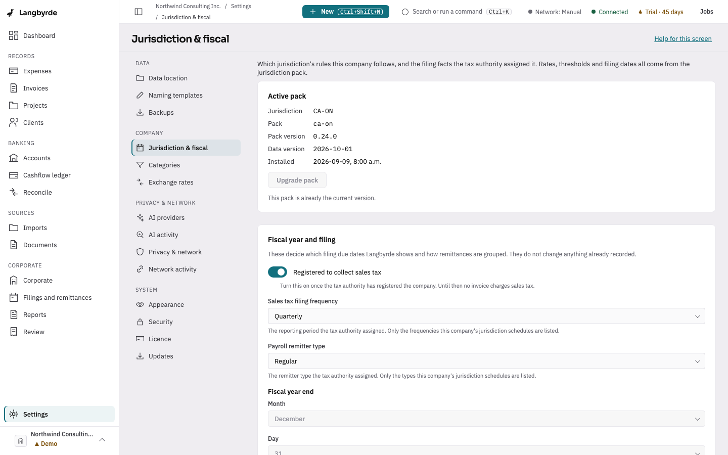 Jurisdiction & fiscal: the rule pack in use and the company's filing facts