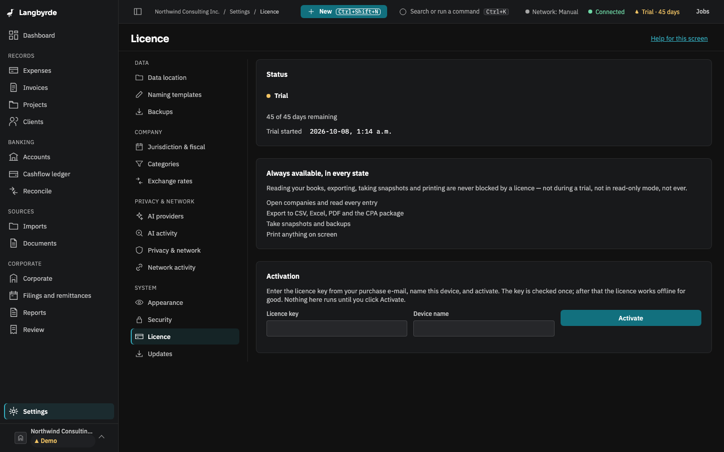 The Licence screen during the trial: the days remaining, what is always available, and Activation
