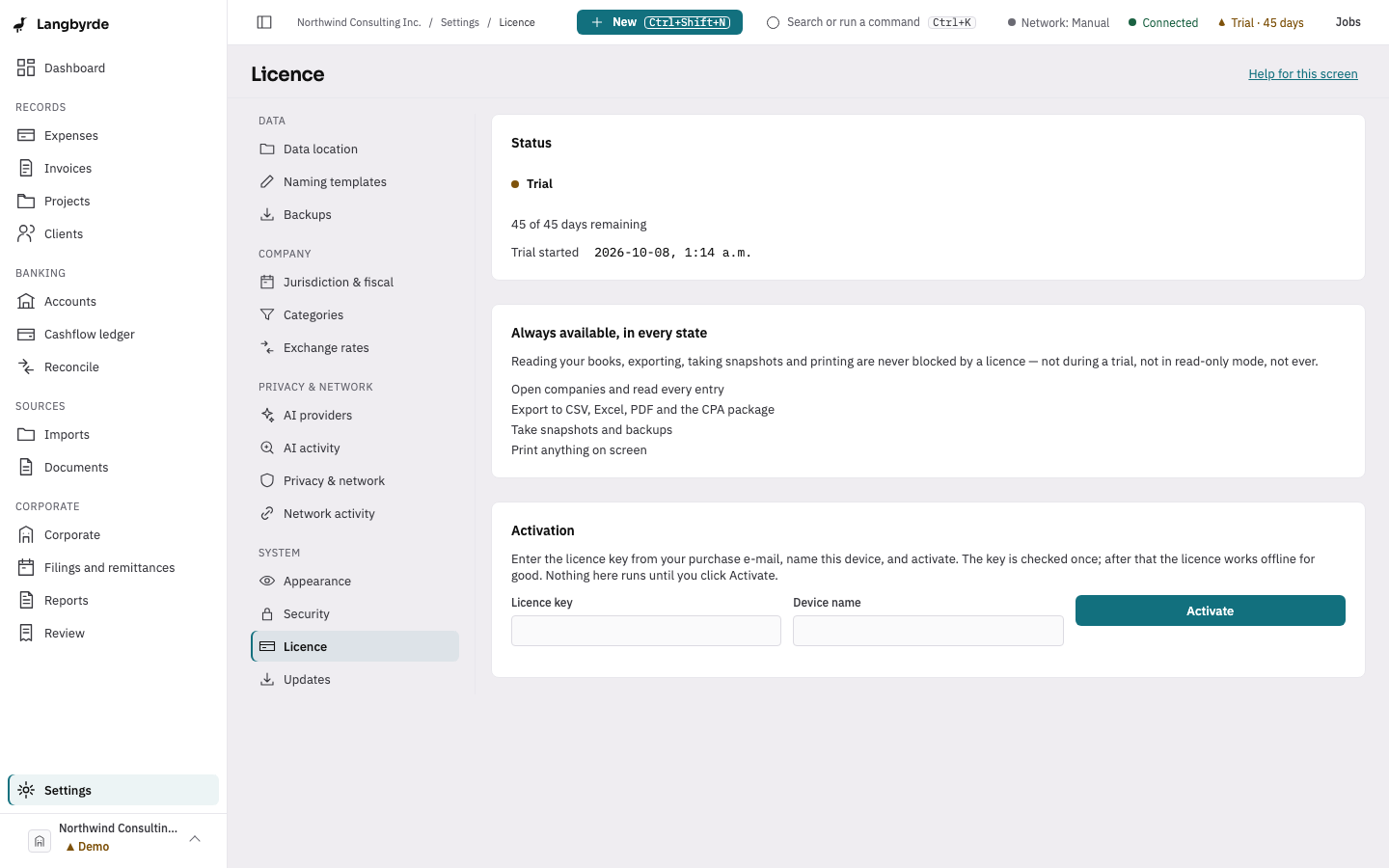 The Licence screen during the trial: the days remaining, what is always available, and Activation