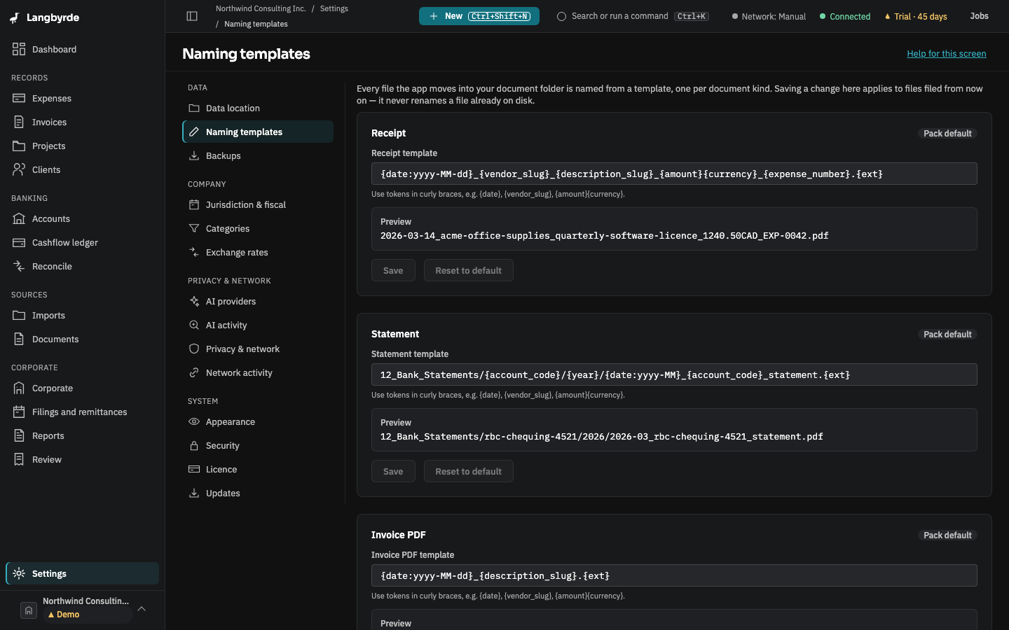 Settings, with its four groups on the left: Data, Company, Privacy & network and System