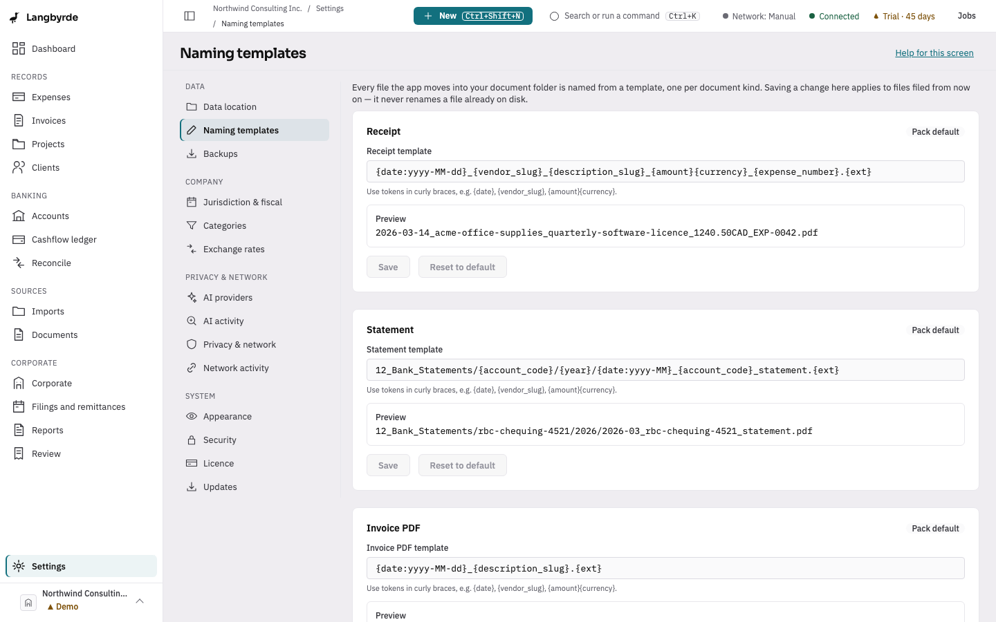 Settings, with its four groups on the left: Data, Company, Privacy & network and System