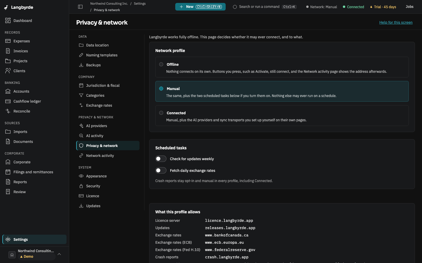 Privacy &amp; network: the Offline, Manual and Connected profiles and what each allows