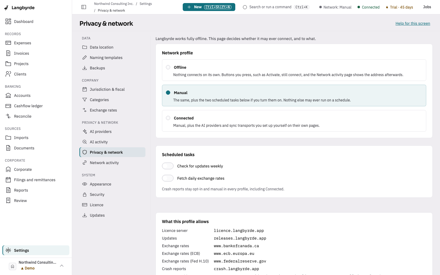Privacy &amp; network: the Offline, Manual and Connected profiles and what each allows