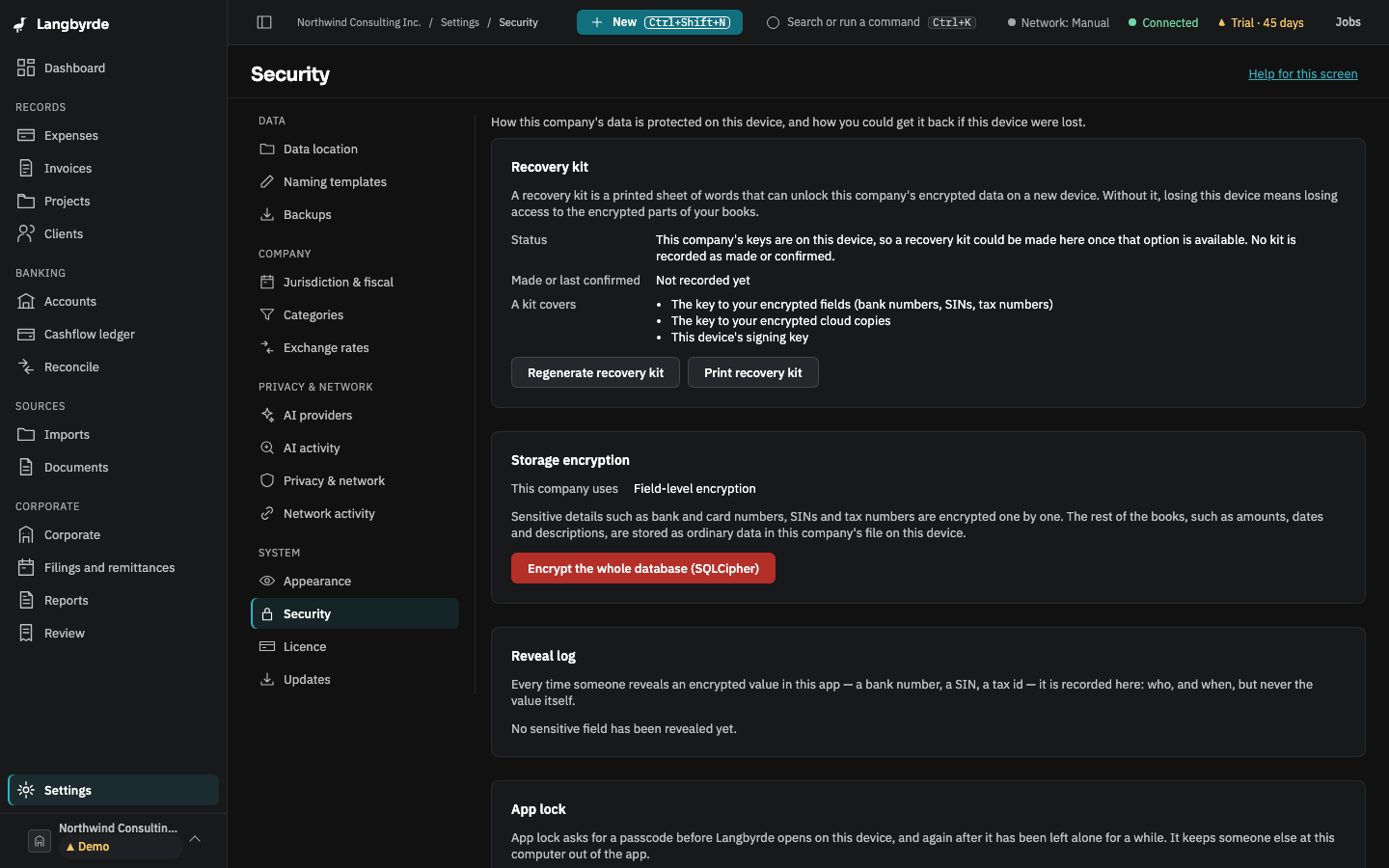 The Security page: recovery kit, storage encryption, reveal log, app lock and crash reports