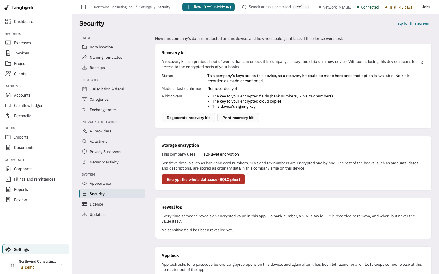 The Security page: recovery kit, storage encryption, reveal log, app lock and crash reports