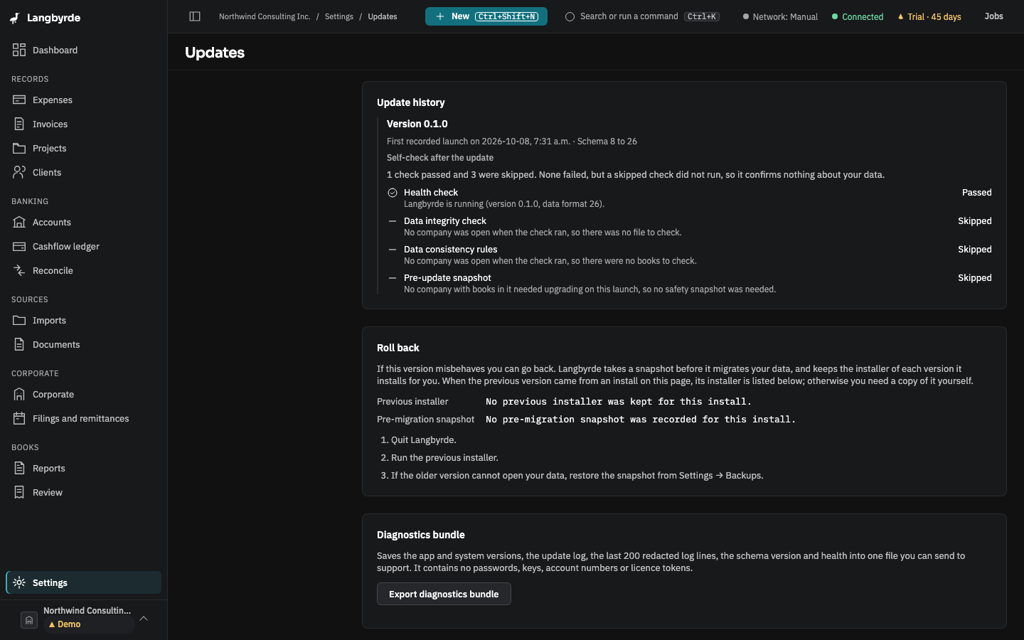 The Updates page at Roll back: the previous installer, the pre-migration snapshot and the steps