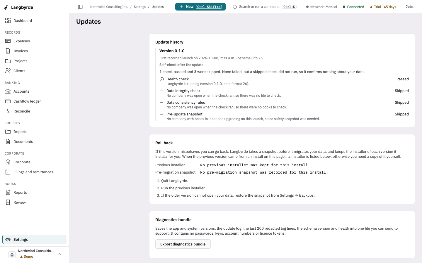 The Updates page at Roll back: the previous installer, the pre-migration snapshot and the steps