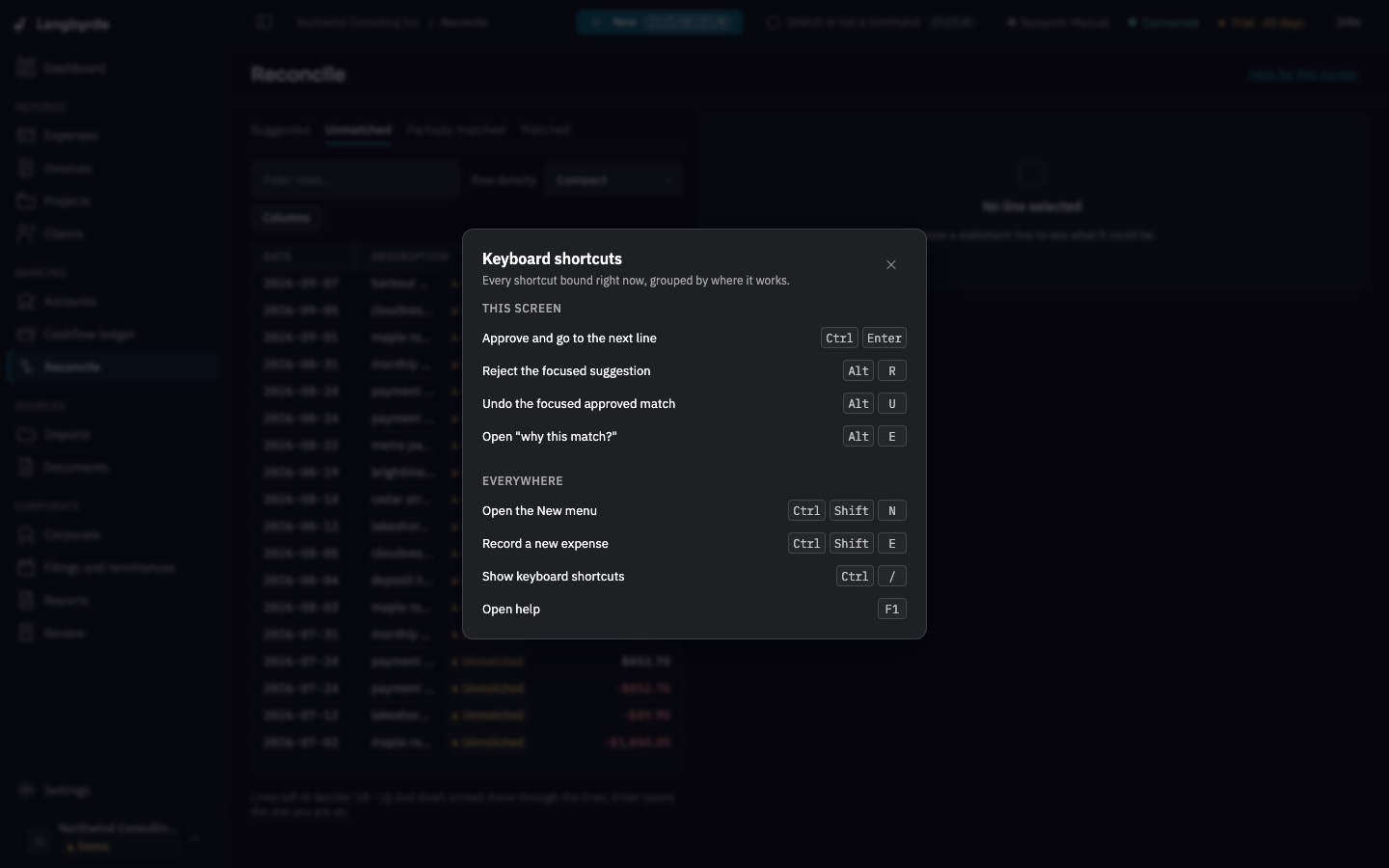 The Keyboard shortcuts sheet on the Reconcile screen: This screen first, then Everywhere
