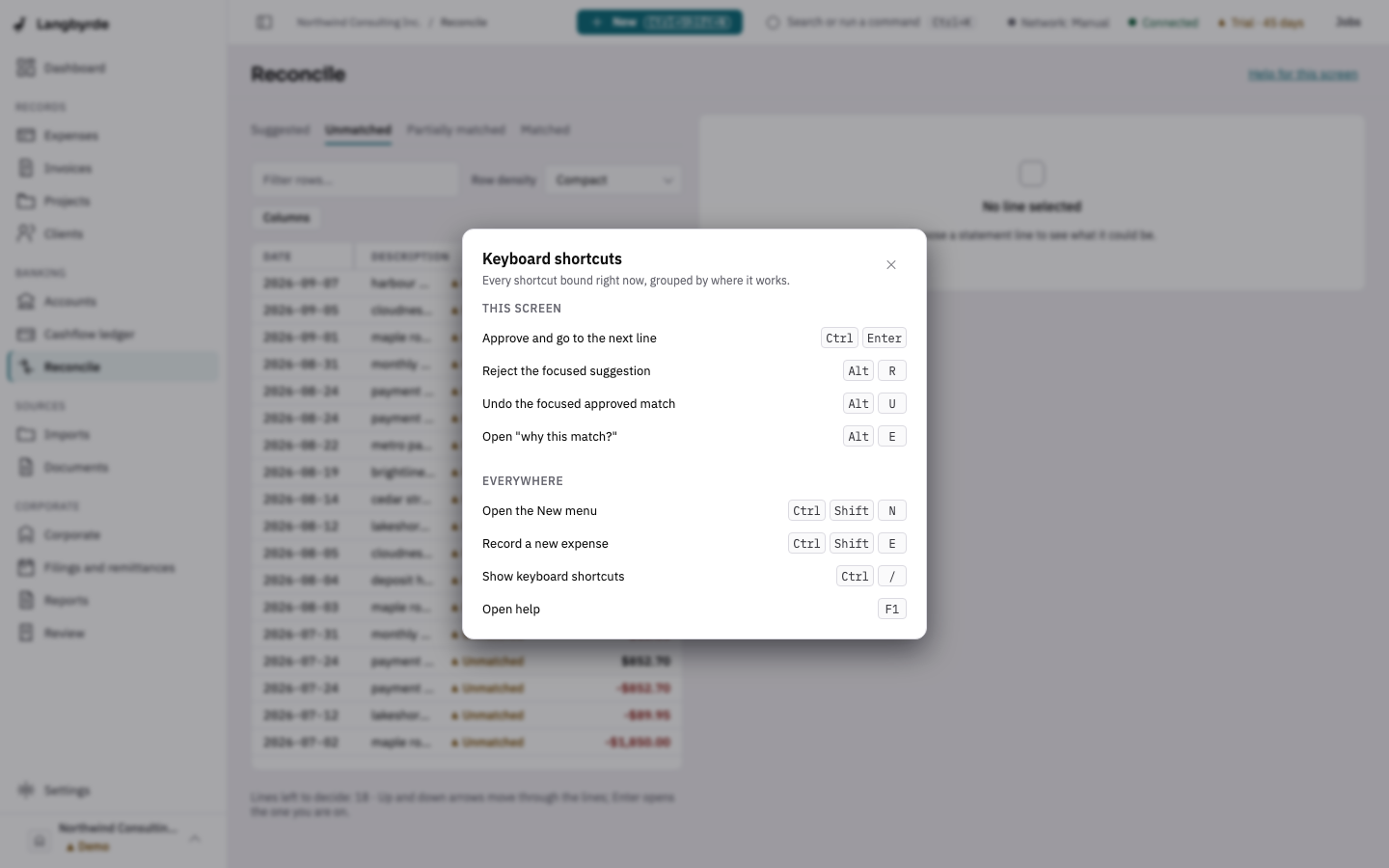 The Keyboard shortcuts sheet on the Reconcile screen: This screen first, then Everywhere