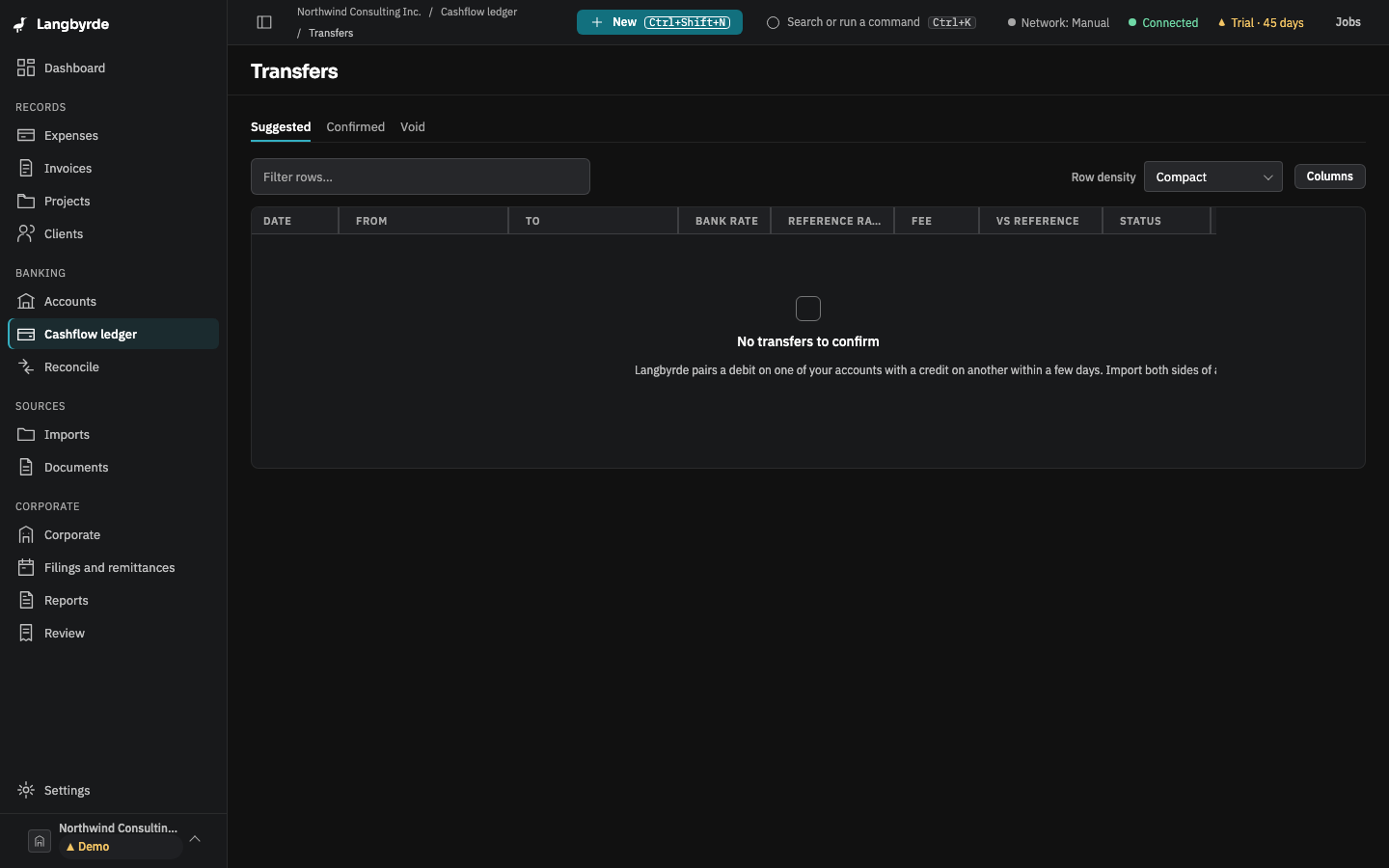 The Transfers screen with its Suggested, Confirmed and Void tabs