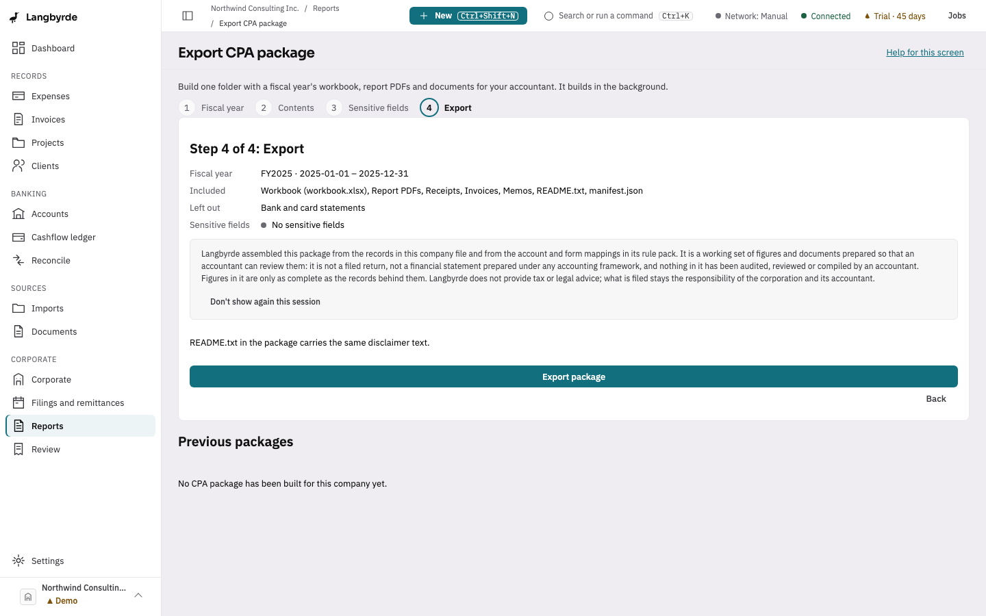 The Export CPA package screen at its last step, after Export with these defaults: the 2025 fiscal year, the workbook, report PDFs, receipts, invoices, memos, README and manifest included, bank and card statements left out, no sensitive fields.