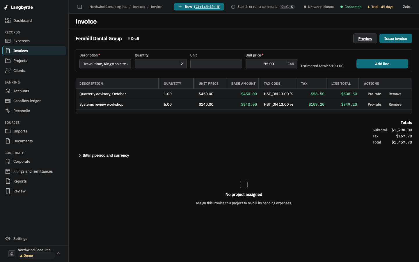 Building an invoice on one screen: two lines for a sample client, each with its HST code, rate and tax worked out as the line was entered, the totals below, and the next line typed and ready to add.