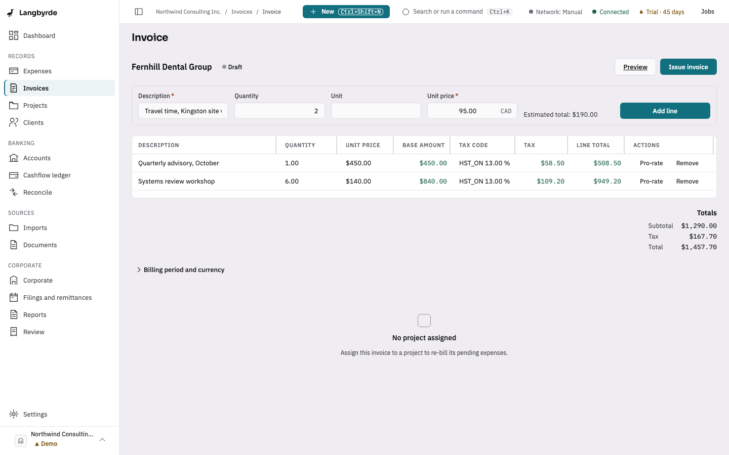 Building an invoice on one screen: two lines for a sample client, each with its HST code, rate and tax worked out as the line was entered, the totals below, and the next line typed and ready to add.